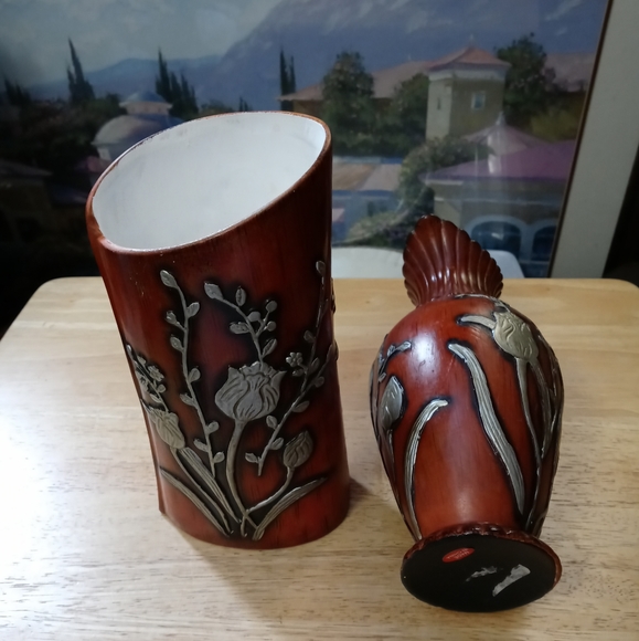 🏫2 VINTAGE FLORAL POTTERY VASE🏬🎋SIZE 8"×4"& 8.5"×4",ART NOUVEAU FLORAL DECOR. - Picture 3 of 12
